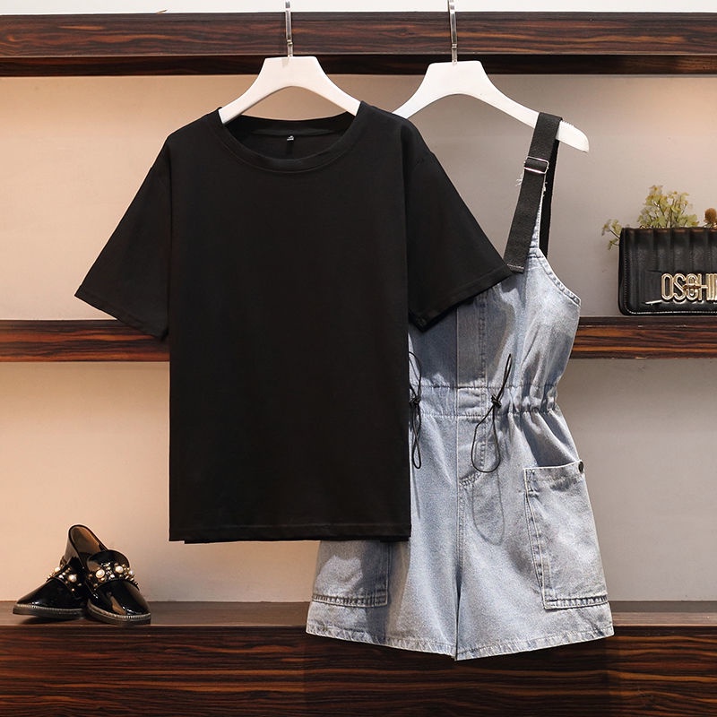 Bộ Áo Thun Ngắn Tay Dáng Rộng Phối Quần Yếm Denim Mỏng Thời Trang Mùa Hè Cho Nữ 2022