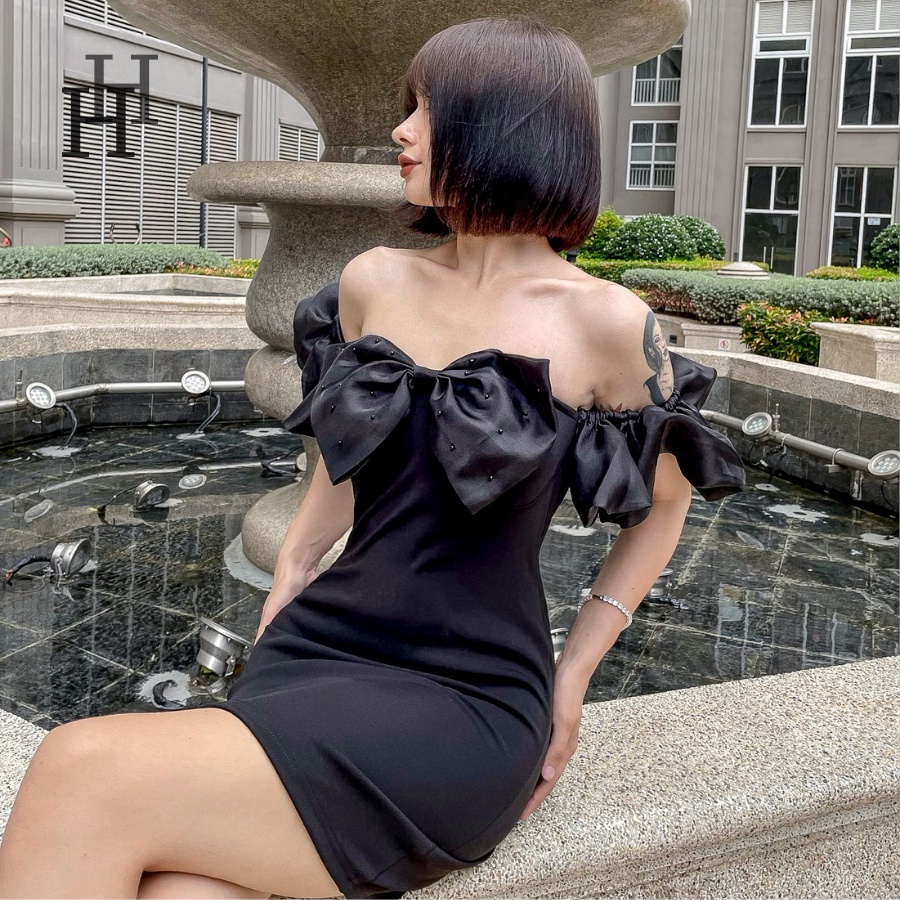 Đầm body cúp ngực formset tay bèo nơ màu đen HDT284 Hỉn Hỉn Store