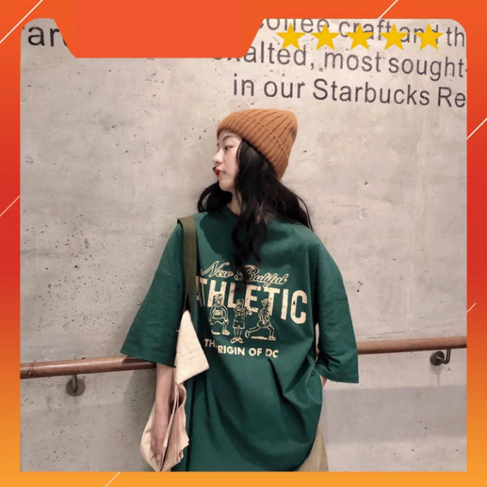 Áo Thun Cộc Tay Form Rộng ATHLETIC - Phông tay lỡ cổ tròn oversize màu xanh rêu Ulzzang