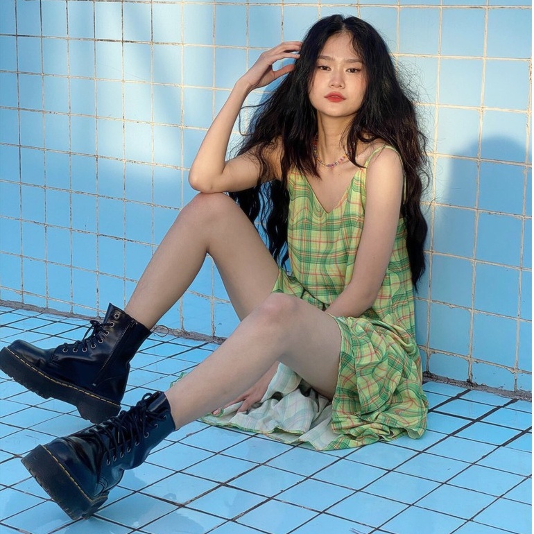 TARTAN - Tartan Dress SE / Green / Tartan Pattern - Đầm Hai Dây Maxi Chân Váy Xoè Xanh