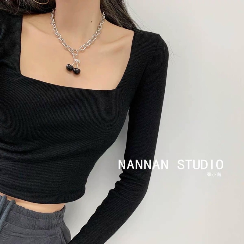 Áo croprop cổ vuông trơn basic, áo croptop cổ vuông đen trắng, áo croptop tay dài trơn