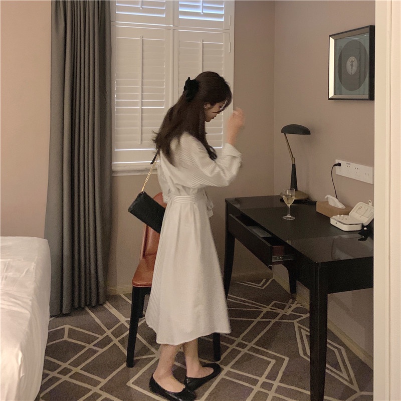 Đầm Midi Kẻ Sọc Cột Dây Cổ Bẻ Phong Cách Mới 45697