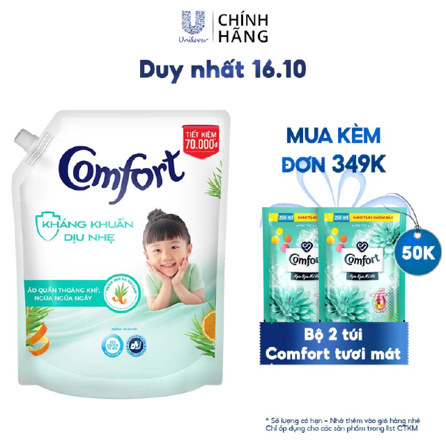 Nước Xả Vải Em Bé Comfort Kháng Khuẩn Dịu Nhẹ Túi 2.4 - 2.8Lít