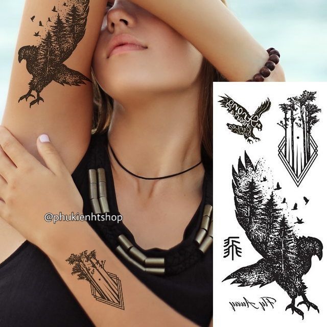 Hình xăm tatoo chim đại bàng, khu rừng size vừa m206