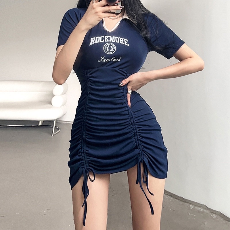 (HÀNG SẴN) Đầm Thun Body Rút Đùi Cổ Sơ Mi Siêu Sexy Tôn Dáng Hack Eo