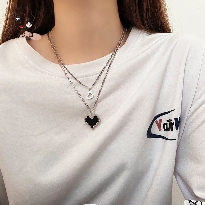 Vòng cổ Hai Lớp Bằng Thép Titan Màu Đen Mặt Trái Tim Phong Cách Hip Hop Hàn Quốc Cho Nữ