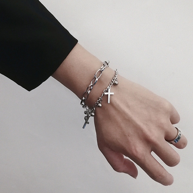 Lắc Tay Vòng Tay 2 Lớp Kim Loại UNISEX Nam Nữ ThánG giá Chữ Thập Gắn Thêm Bi Tròn Độc Đáo Cá Tính Và Thời Trang VT-32