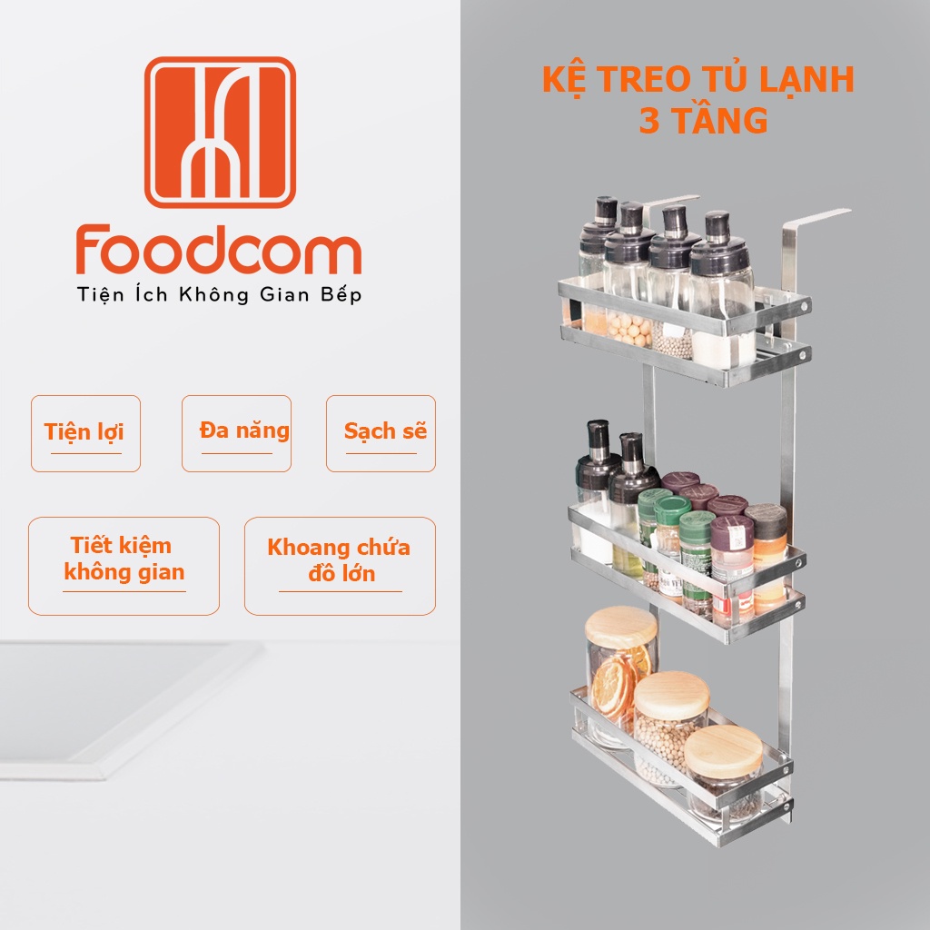 Kệ treo tủ lạnh 3 tầng đa năng FOODCOM chất liệu inox cao cấp có keo 3M chắc chắn