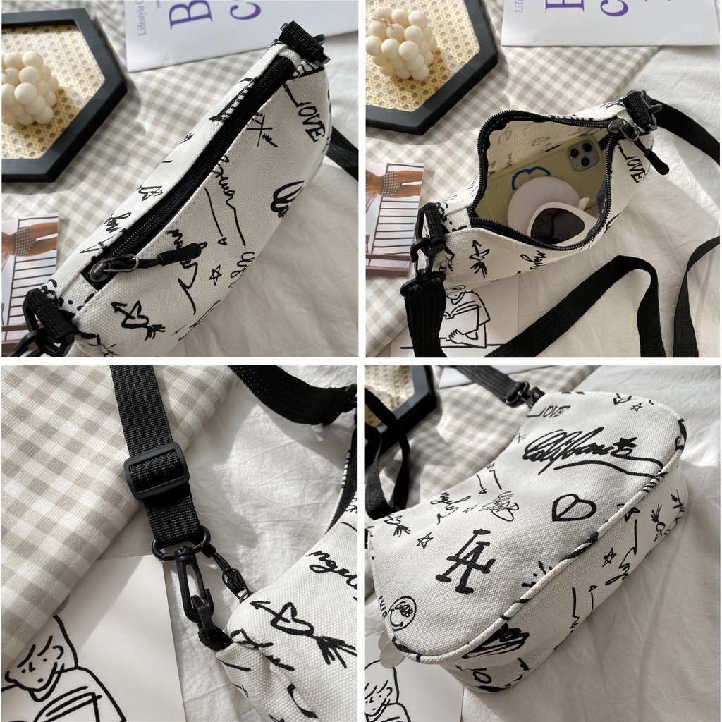Túi vải đeo chéo họa tiết phong cách ulzzang, túi canvas in chữ graphity hot trend, Emmer191