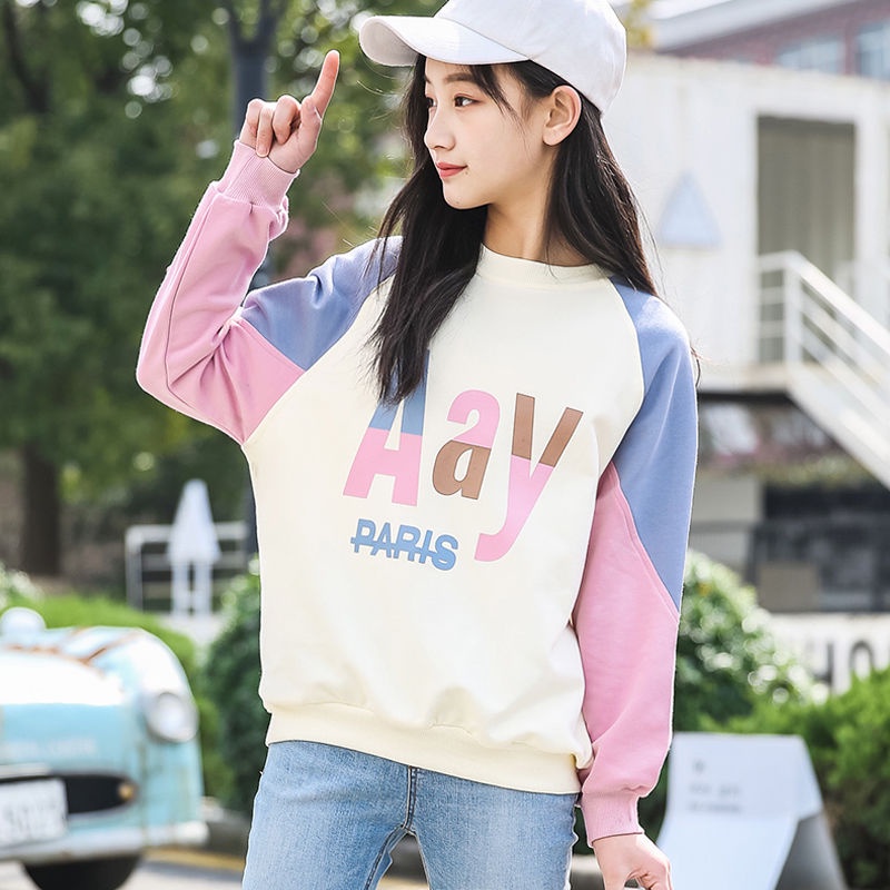 Áo sweater dáng rộng dài tay in chữ phối màu phong cách Hàn Nhật cho nữ sinh