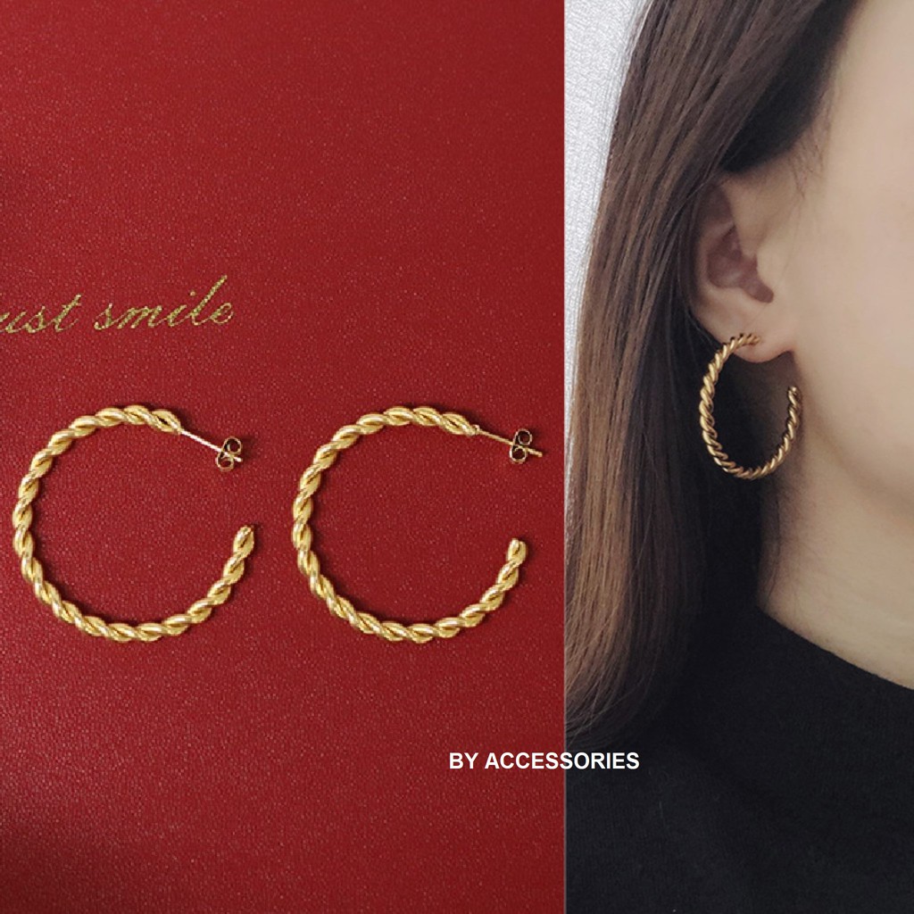 Bông tai titan dây thép xoắn tròn lớn không gỉ WE200402