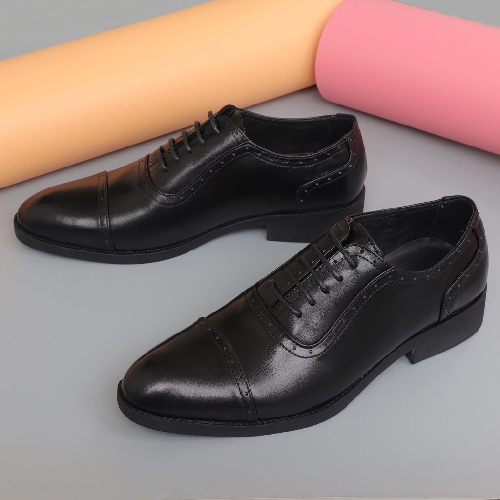 Giày tây da bò cao cấp, giày nam buộc dây da bò đẹp màu đen - HT.NeO3336