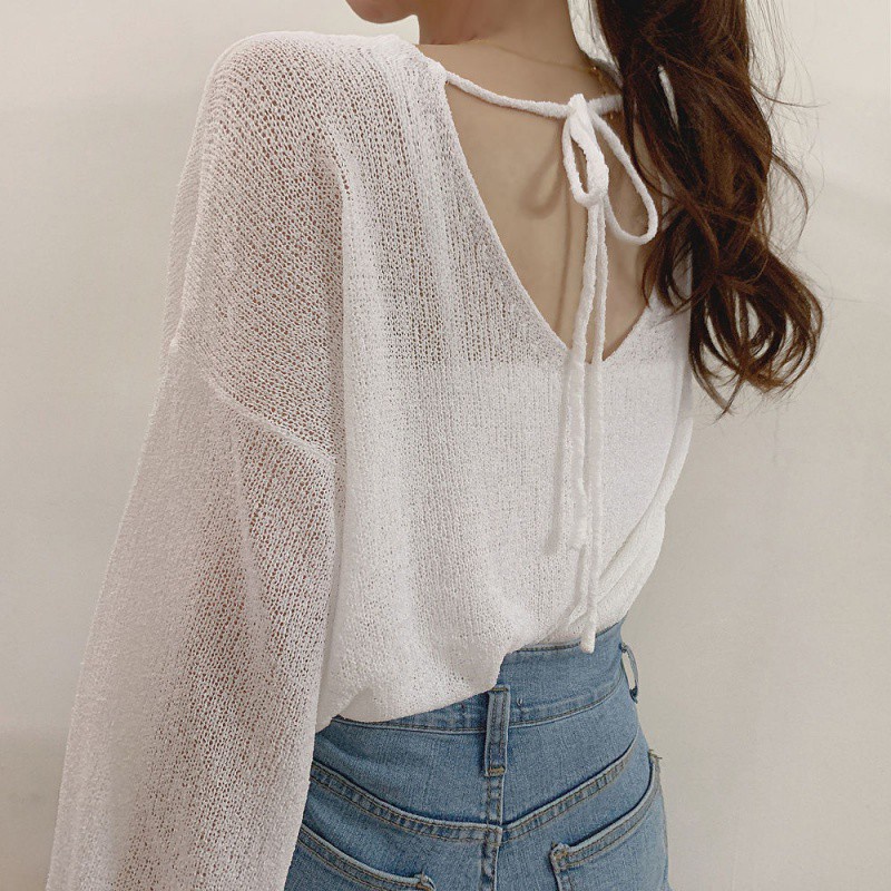 Korean Ice Silk Sweater Hollow Thin Blouse Sun Shirt Sense of DesigninsBackless Women's Long SleevevCollar Transparent Top