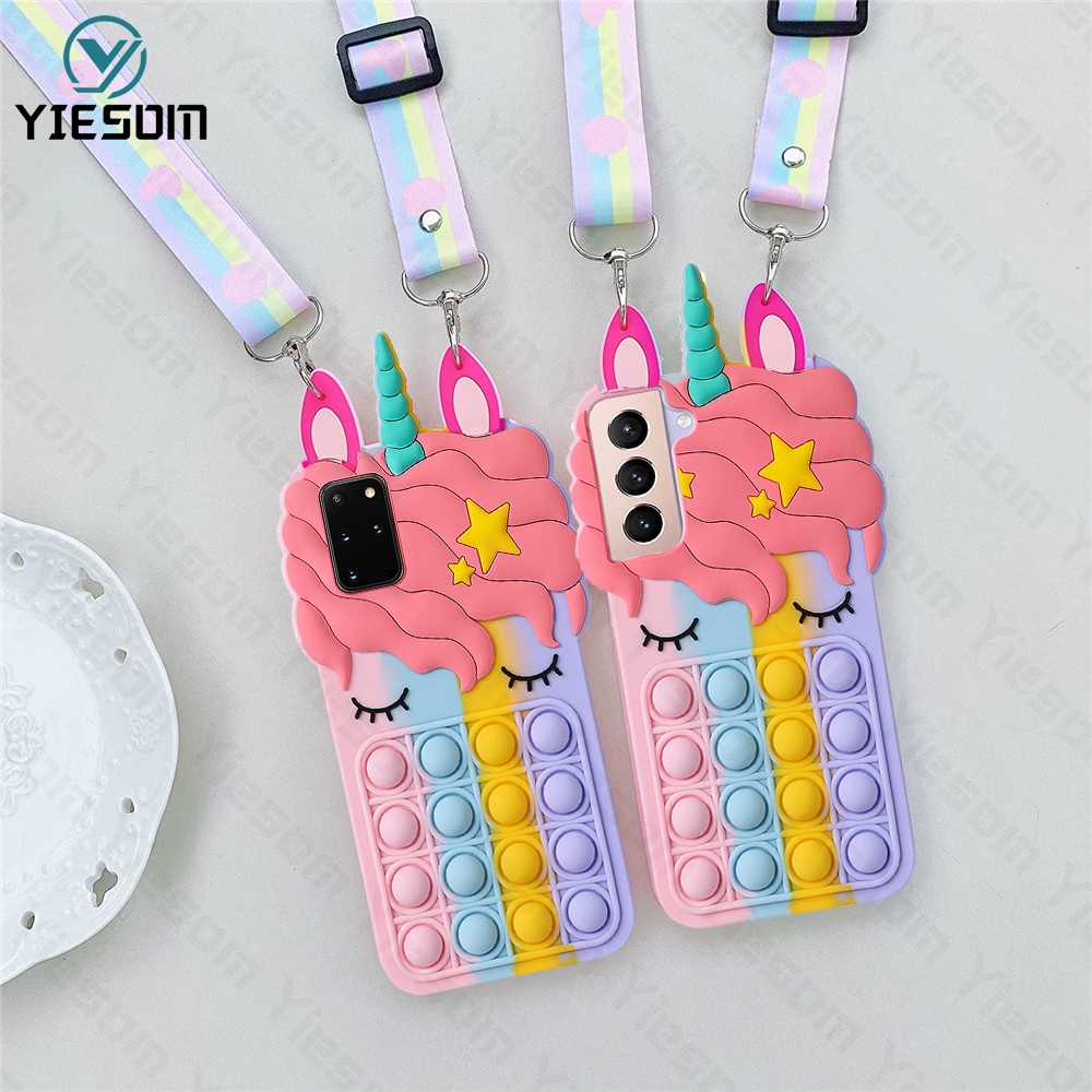 Ốp Điện Thoại Hình Kỳ Lân Cầu Vồng Kèm Dây Đeo Cho Samsung Galaxy S21 Ultra S21FE S20 S10 S9 Plus Note 20 10 Plus