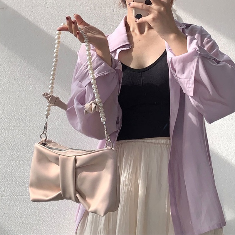 Túi Đeo Chéo Chuỗi Hạt Ngọc Trai Hình Bướm Cho Nữ