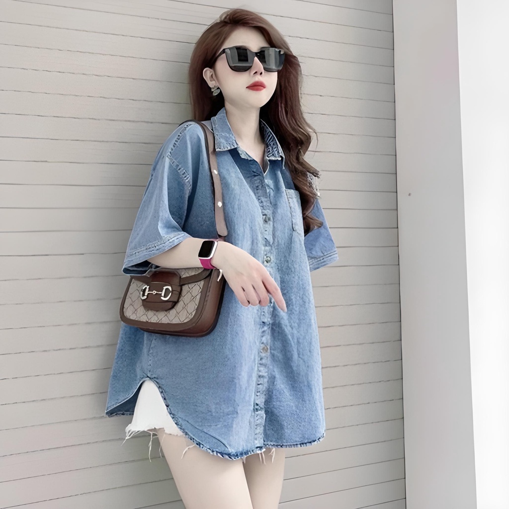 áo sơ mi jean áo khoác jean cộc tay trơn cơ bản