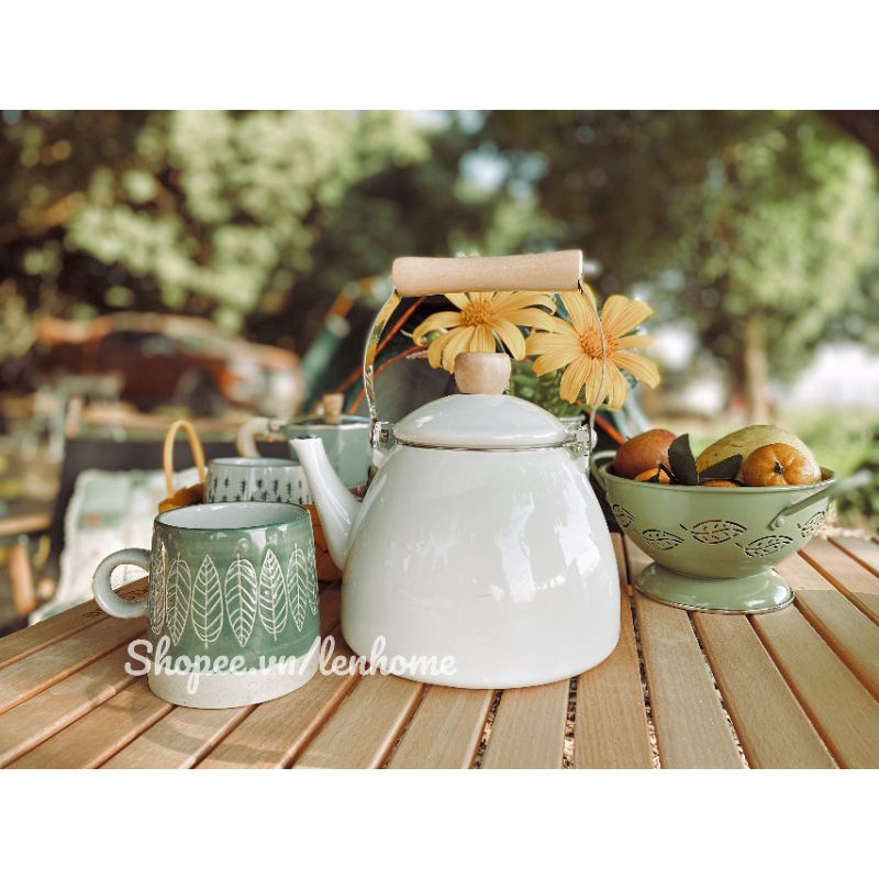 Camping Ấm đun nước pha cafe tráng men hoạ tiết vintage đồ dùng picnic cắm trại dã ngoại du lịch phong cách Nhật Hàn