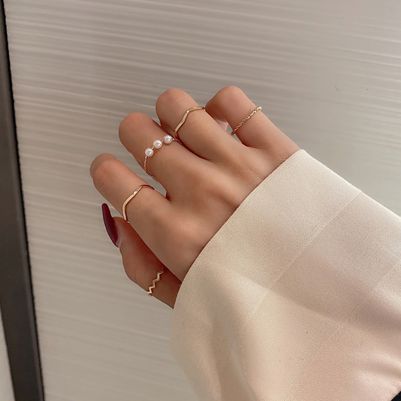 Bộ 5 Nhẫn Đeo Tay Kim Loại Đính Ngọc Trai Giả Thời Trang Nữ