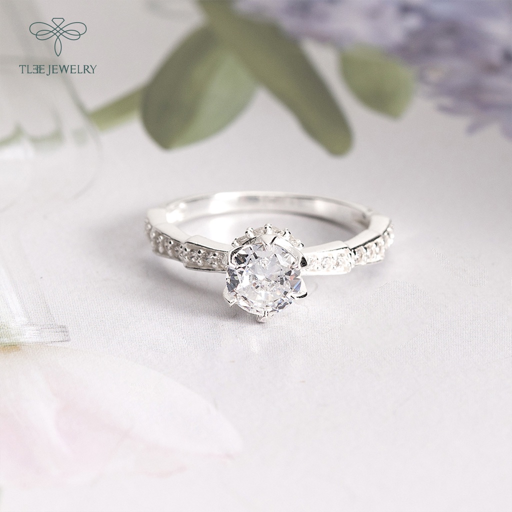 Nhẫn bạc nữ TLEE trụ đá tròn cao viền ziczac phân tầng sang trọng NCJ A0201