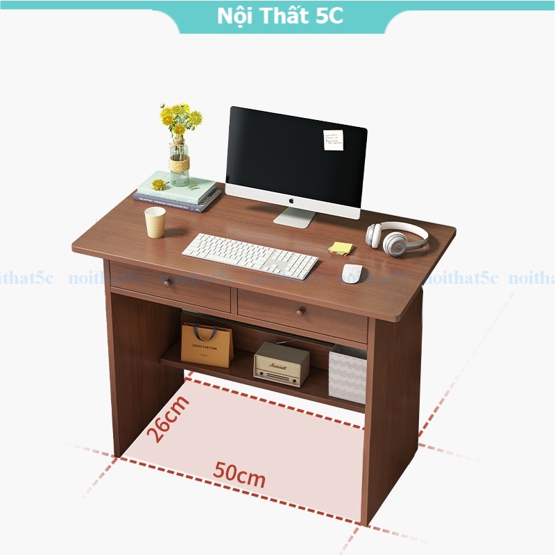 Bàn làm việc để máy tính gỗ công nghiệp màu trắng trang nhã, bàn học kèm hai hộc tủ và kệ để chân tiện dụng thông minh
