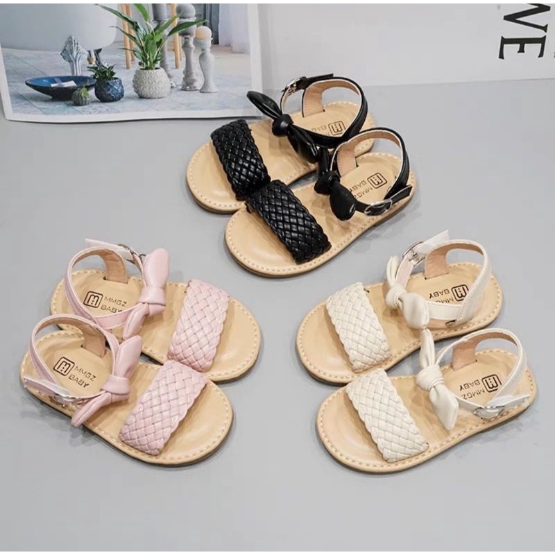(có ảnh thật) Sandal cho bé - dép quai hậu bé gái đan dây tắt nơ da mẫu hot siêu điệu, có quai dán chỉnh độ dài V732