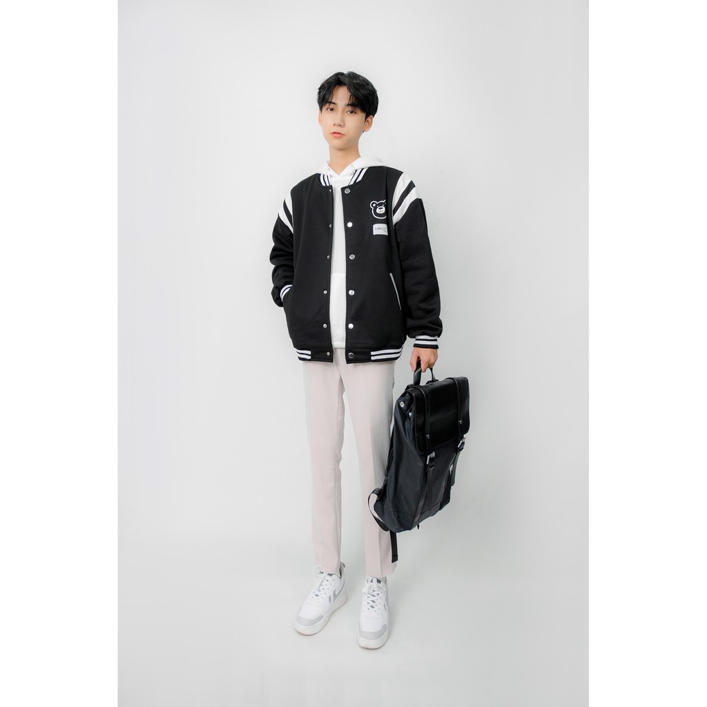 Áo Khoác Bomber Varsity Nỉ Gấu Nam MANDO, Áo Thể Thao Nỉ Bông Cao Cấp Dáng Rộng Basic Varsity Thời Trang Hàn Quốc NDN082