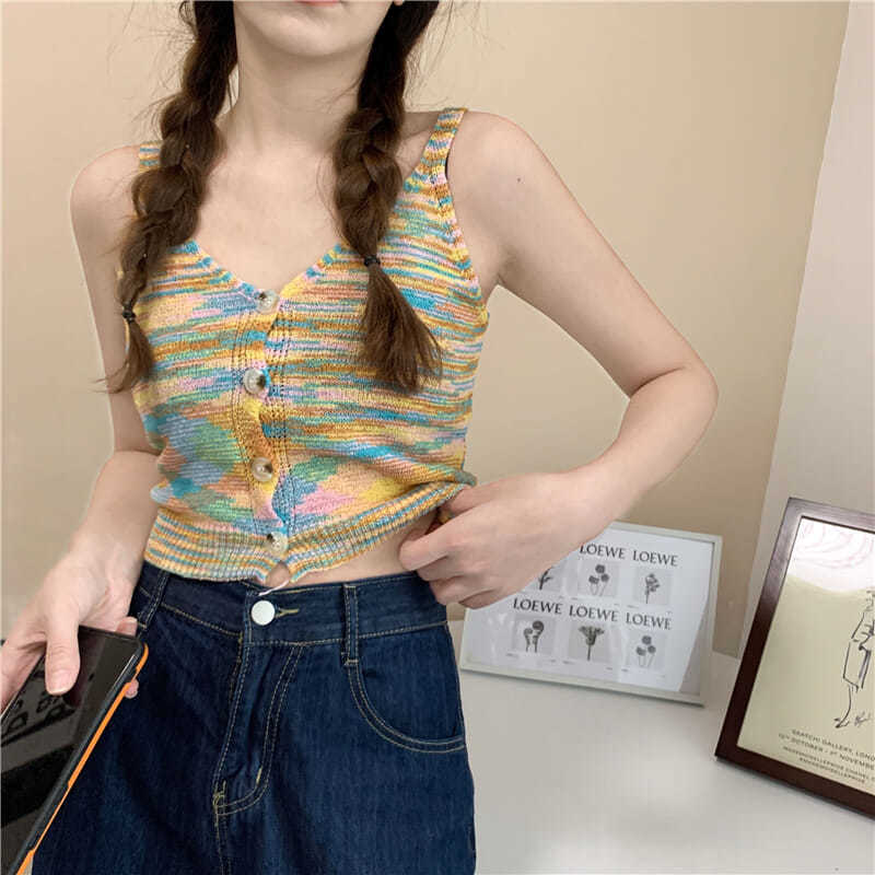 Áo dệt kim hai dây màu sắc tương phản thời trang mùa hè phong cách Hàn Quốc mới cho nữ