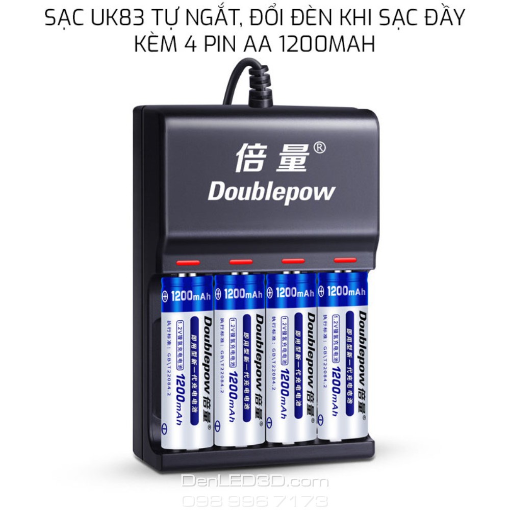 [Chính Hãng] Combo Sạc Tự Ngắt UK83 Đổi Đèn Khi Sạc Đầy Kèm 4 Pin Doublepow 3200Mah