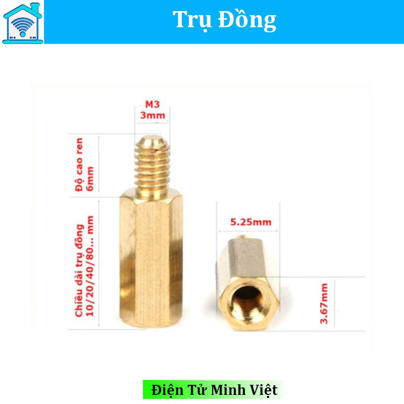 Trụ Đồng Lục Giác M3*6  Đực - Cái, Cọc Đồng Vặn Ốc M3 Nhiều Kích Thước