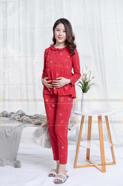 Bộ đồ bầu và sau sinh chất cotton kéo khoá hình tim dài