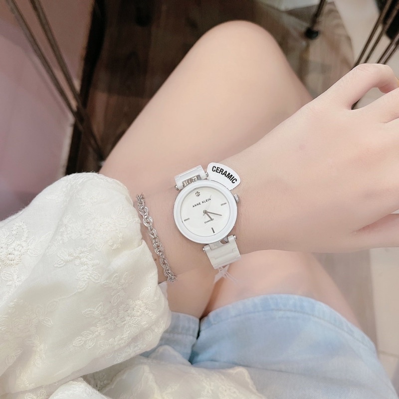 Đồng hồ nữ Anne Klein AK mẫu ceramic trắng sứ viền bạc