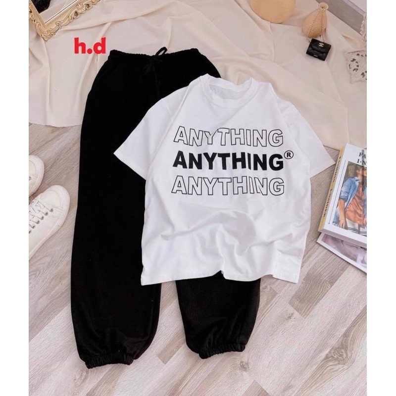 bộ áo thun tay lỡ màu trắng quần bom chun gấu any