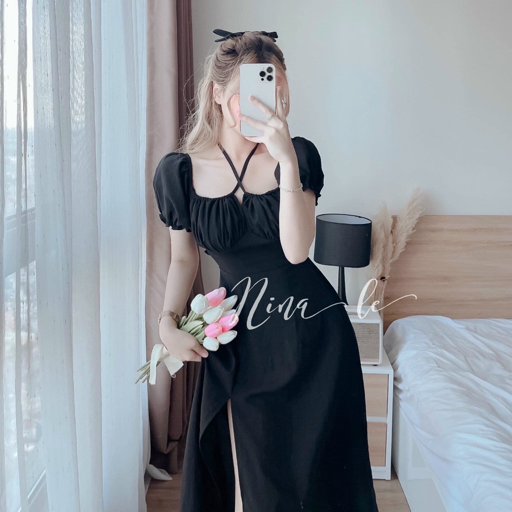Đầm tiểu thư,đầm trễ vai cổ yếm xẻ tà dáng dài ôm eo,nhún ngực mặc 2 kiểu đi tiệc sang chảnh