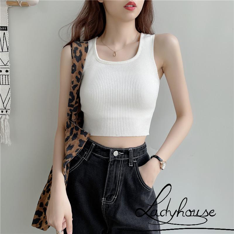 Áo croptop dệt kim sát nách màu sắc đơn giản dành cho nữ