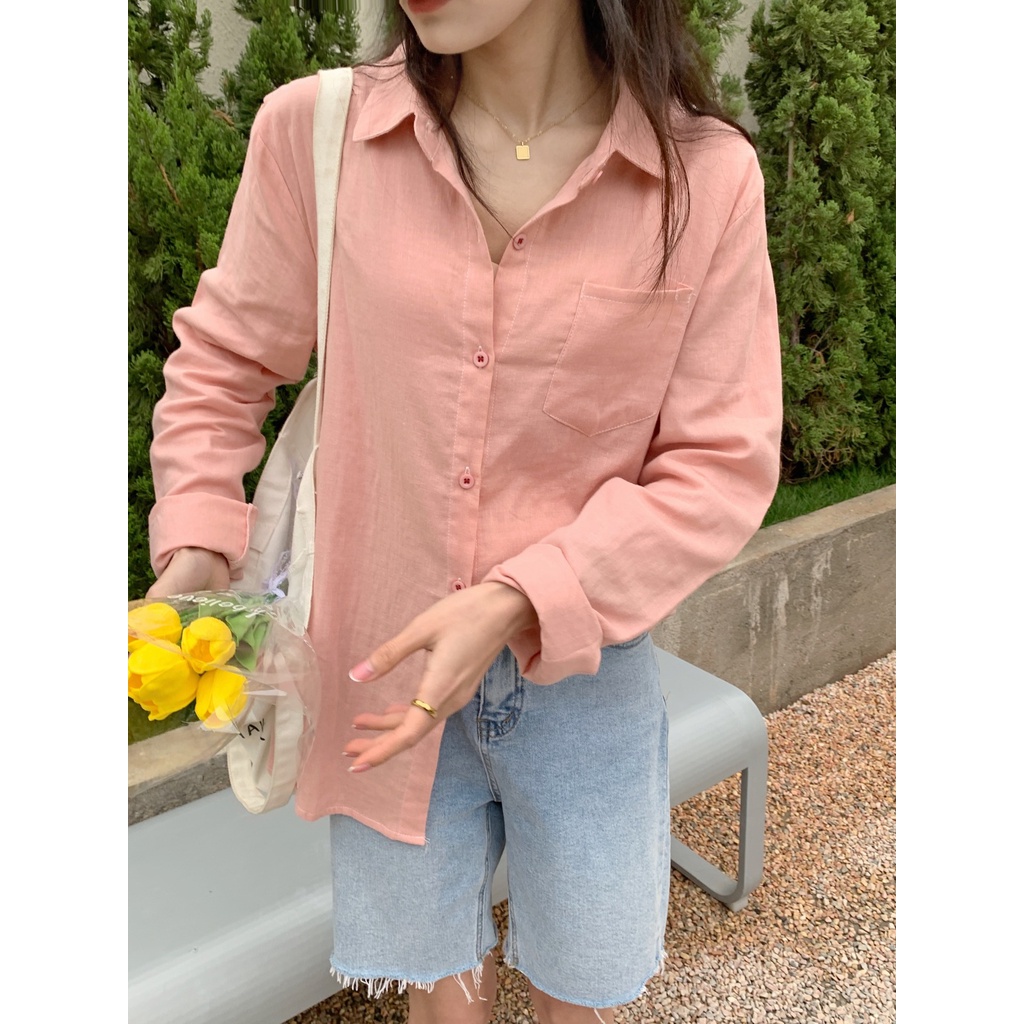 Áo Sơ Mi Cotton Dài Tay Đính Nút Thời Trang Nữ Tính 2022