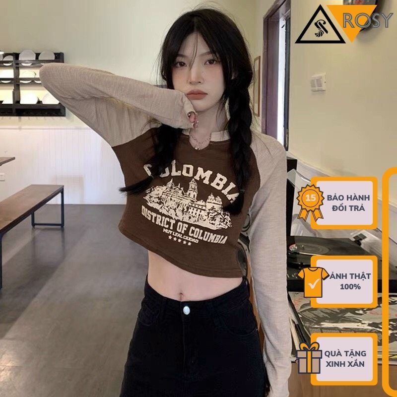 Áo croptop tay dài in hình màu sắc lạ mắt cá tính