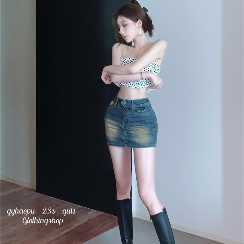 Set Áo Ống Kèm Chân Váy Denim Lưng Cao Thời Trang Dành Cho Nữ