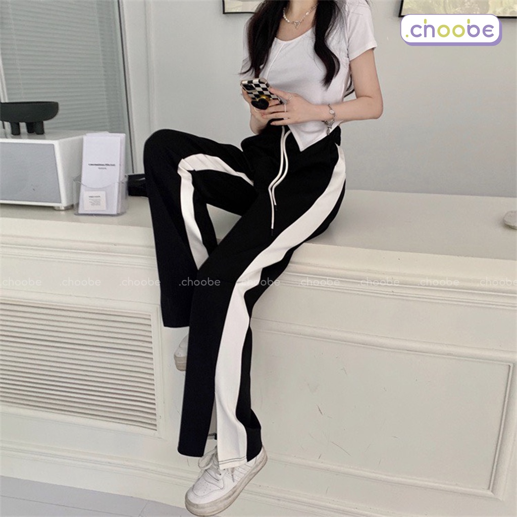 Quần ống rộng Choobe unisex dáng suông kiểu can sọc trắng xẻ gấu vải cao cấp không nhăn co giãn tốt Signature Q68