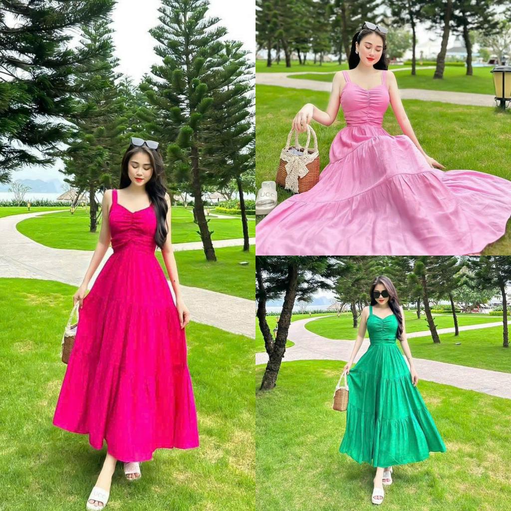 Đầm váy nữ dáng xòe 2 dây tiểu thư nhún tầng mocking thân sau sang chảnh ( có mút ngực ) cực xinh khi đi biển đi chơi