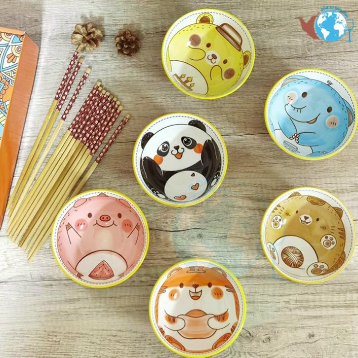 Bộ 6 chén sứ hình con vật dễ thương kèm 6 đôi đũa hoa có hộp làm quà tặng cực sang