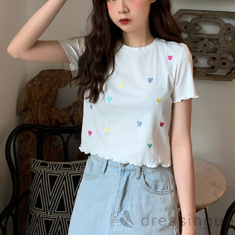 Áo Thun Nữ Tay Ngắn Cổ Tròn Họa Tiết Thêu Đơn Giản