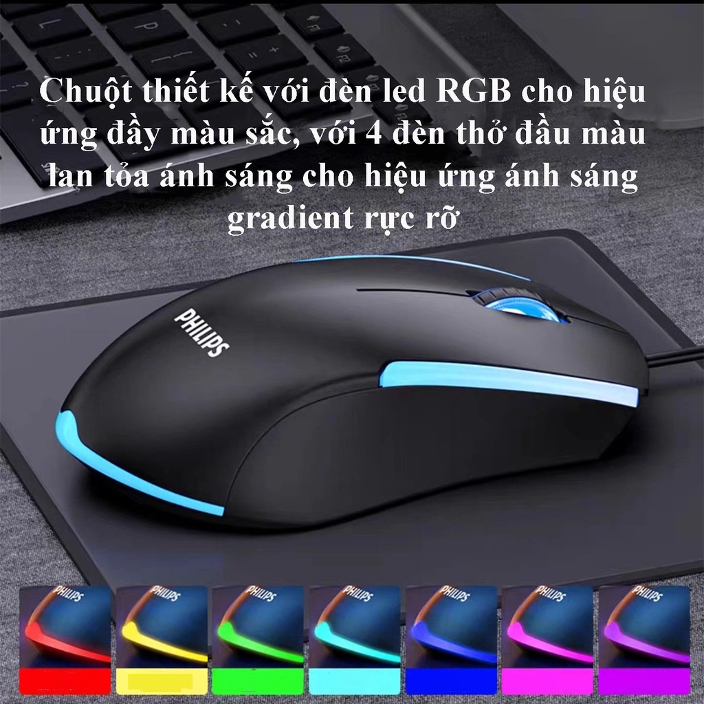 Chuột chơi Game có dây Philips SPK 9314 1200DPI đèn led RGB nhiều màu đầm tay dùng văn phòng cực tốt