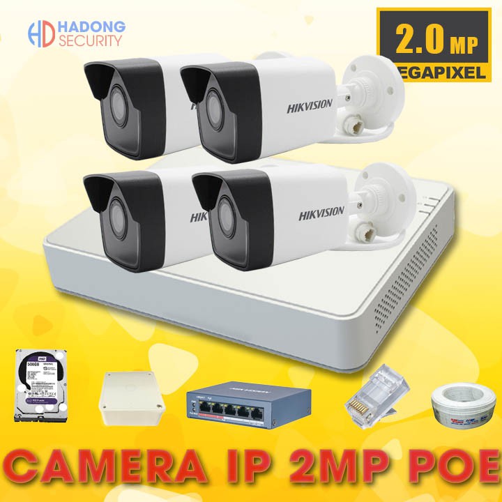 Bộ camera IP POE 2MP Hikvision DS-2CD1023G0E-I(L)hồng ngoại 20m vỏ kim loại, đầy đủ phụ kiện