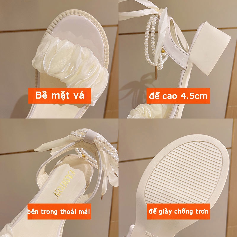 Giày cao gót nữ giày sanda đính ngọc nơ 4.5cm 11020069