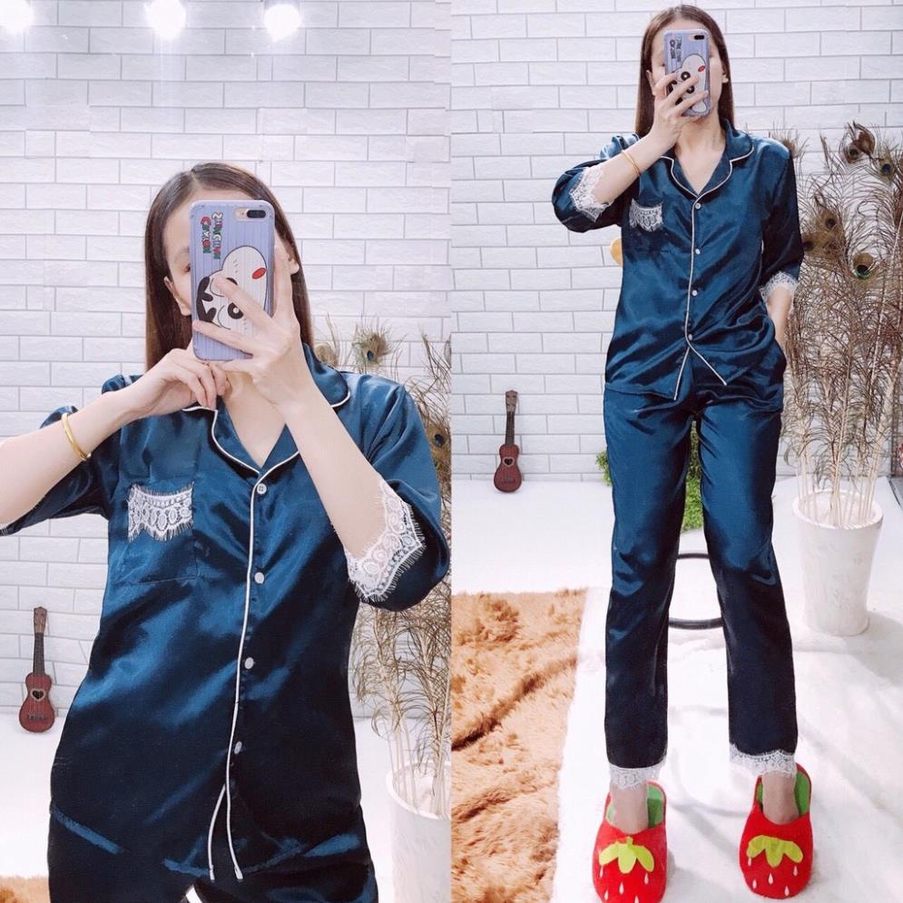 ĐỒ NGỦ PHI LỤA CAO CẤP PHỐI REN - PIJAMA NỮ - TAY LỬNG QUẦN DÀI - QUEEN PIJAMA SHOP ! ^