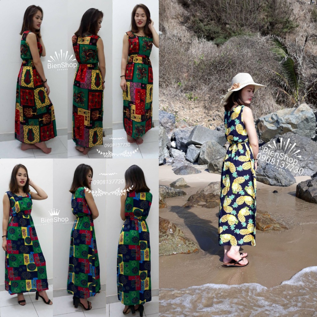 Đầm maxi lanh thái cổ tròn
