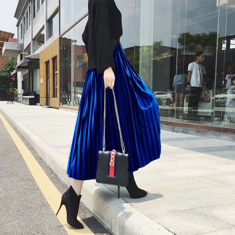 Chân Váy Nhung Xếp Ly Lưng Cao Thời Trang Hàn Quốc