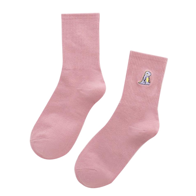 XIXI Vớ cotton cổ cao màu trơn thêu hình khủng long dễ thương phong cách Harajuku Nhật Bản cho nữ
