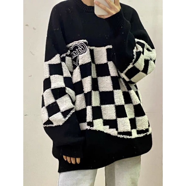 Áo len unisex kiểu Hàn phối patchwork họa tiết caro bàn cờ hot trendy chữ thêu Correcy có size