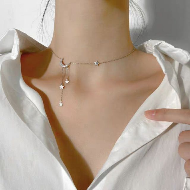 Vòng cổ đính pha lê mặt trăng sao lấp lánh đeo được 2 kiểu chocker / thả lỏng